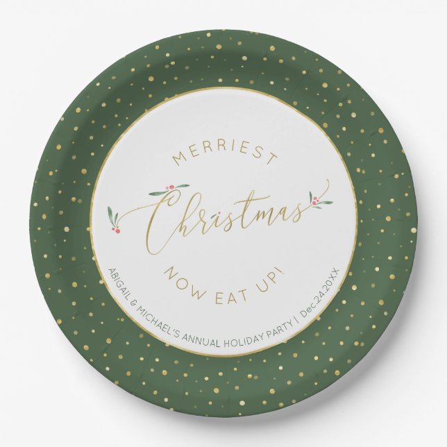 Funny Eat Up Weihnachtstypografie Grün und Gold Pappteller (Vorderseite)
