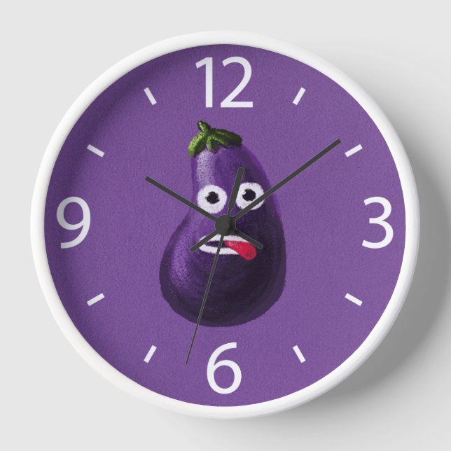 Funny Eggplant Cartoon Niedlich Gemüse Lila Uhr (Vorderseite)