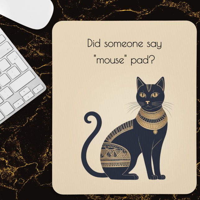 Funny Egyptian Inspiriert Black Cat Mousepad (A funny mouse pad for cat lovers, with black and faux gold Egyptian cat picture and humorous caption)
