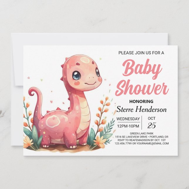 Funny Elegant Custom Dinosaur Girl Baby Shower Einladung (Vorderseite)