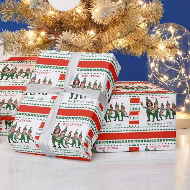 Funny Elf Familie von fünf Foto Rot Grünen Weihnac Geschenkpapier (Feiertage)
