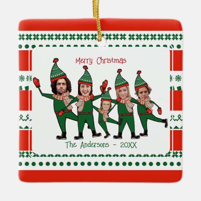 Funny Elf Familie von fünf Foto Rot Grünen Weihnac Keramikornament (Vorderseite)
