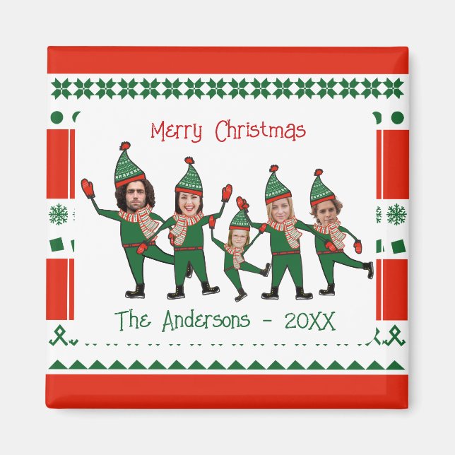 Funny Elf Familie von fünf Foto Rot Grünen Weihnac Magnet (Vorne)