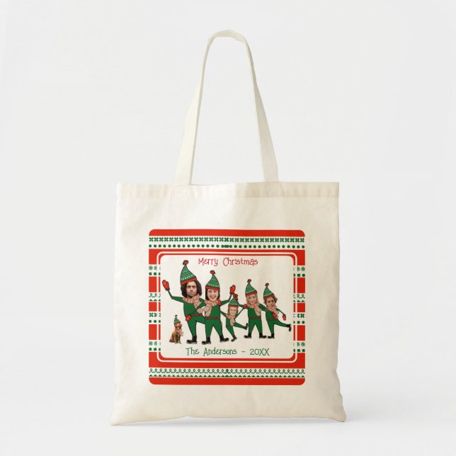 Funny Elf Familie von sechs Hund Rot Grünen Weihna Tragetasche (Vorne)