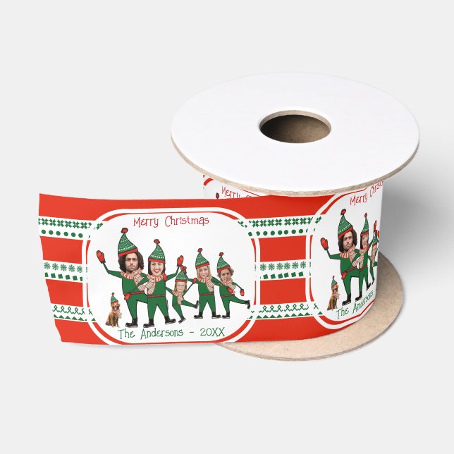 Funny Elf Familie von sechs mit Hunden Red & Green Satinband (Spule)