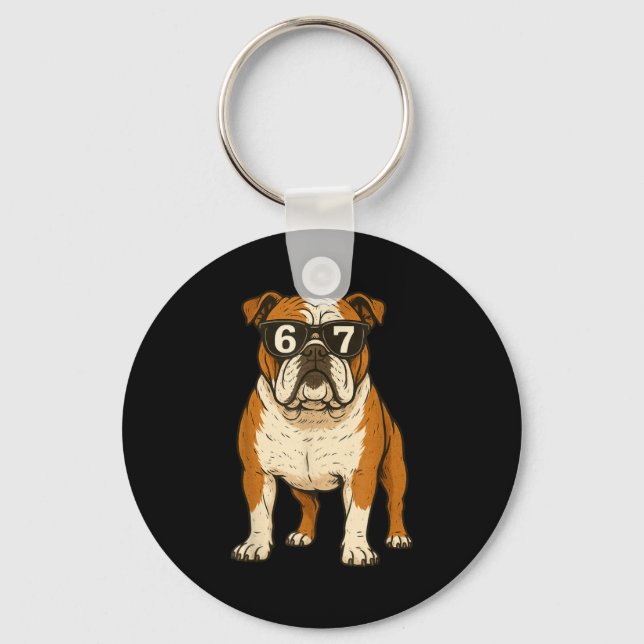 Funny English Bulldog Dog Sungles 67 Six Seven Mem Schlüsselanhänger (Vorderseite)