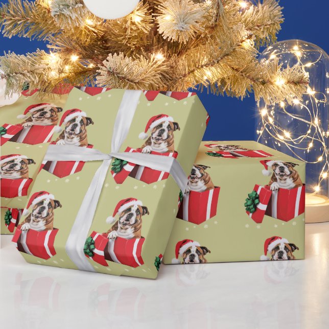Funny English Bulldog Dog Tree Weihnachtsbeleuchtu Geschenkpapier (Feiertage)