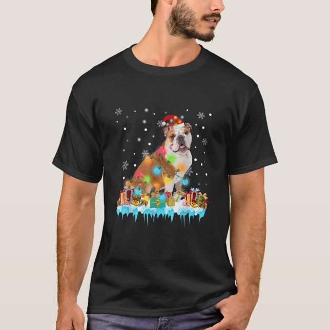 Funny English Bulldog Dog Tree Weihnachtsbeleuchtu T-Shirt (Vorderseite)