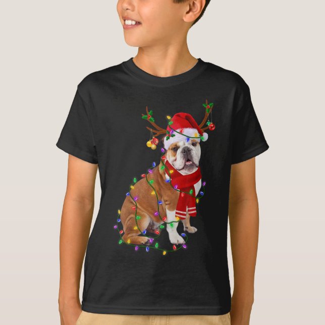 Funny English Bulldog Dog Tree Weihnachtsbeleuchtu T-Shirt (Vorderseite)
