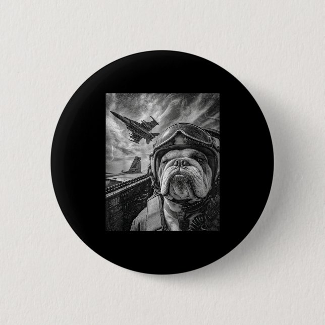 Funny English Bulldog Selfie Fighter Jet Lot Aviat Button (Vorderseite)