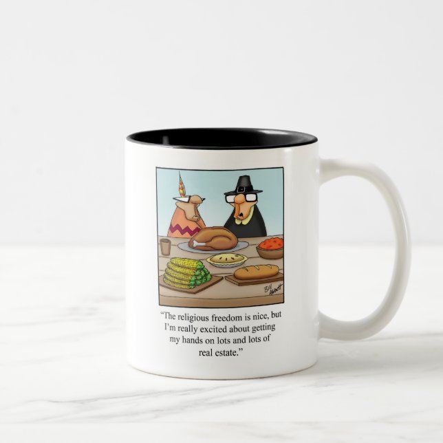 Funny Erntedank Religiöse Freiheit & Real Anwesen Zweifarbige Tasse (Rechts)