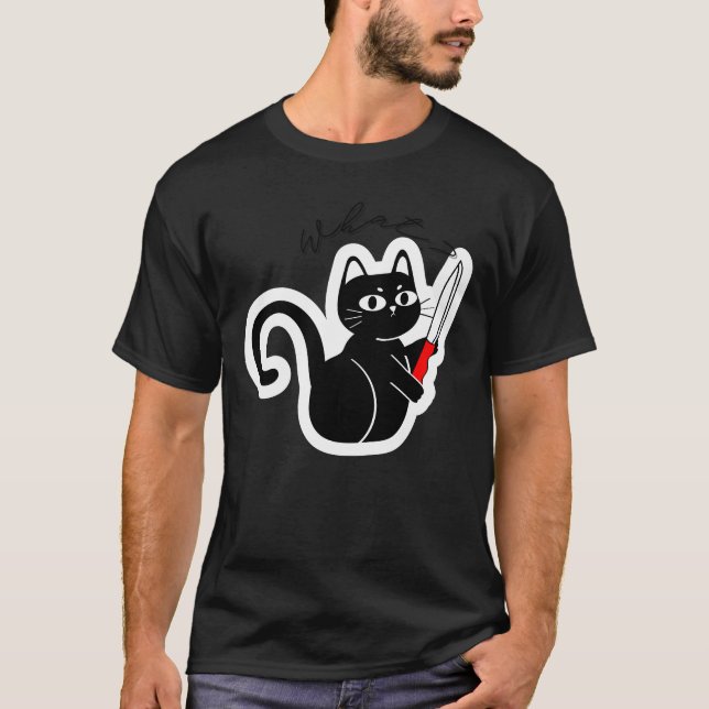 Funny Evil Cat with Knife – Dark Humor Design T-Shirt (Vorderseite)