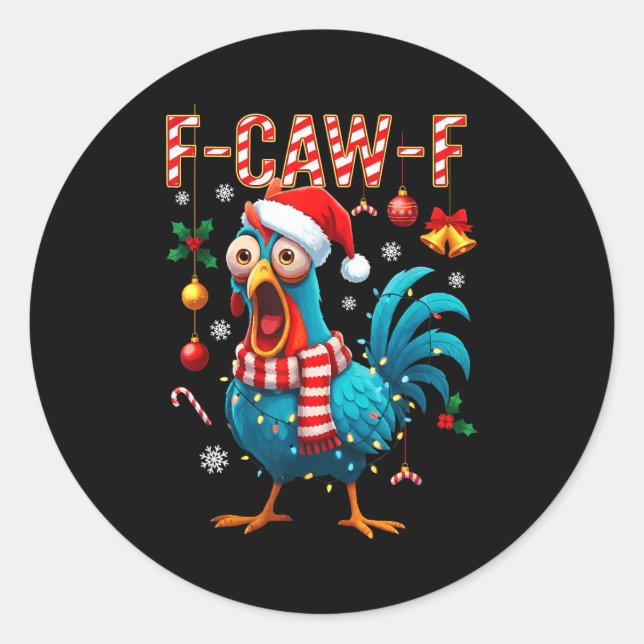Funny F-caw-f Christmas Chicken Xmas Lights Santa  Runder Aufkleber (Vorderseite)