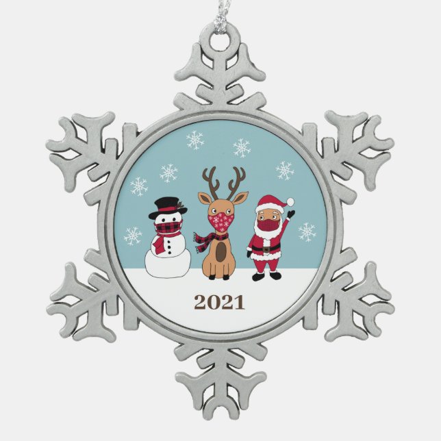 Funny Face Mask Santa Reindeer Snowman Schneeflocken Zinn-Ornament (Vorderseite)