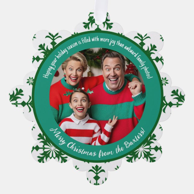 Funny Family Foto mit Joy & Green Pattern Ornament Karte (Vorderseite)