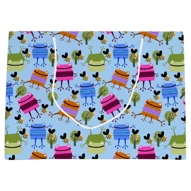 Funny farbenfrohe Frösche und Hummeln Große Geschenktüte (Vorderseite)
