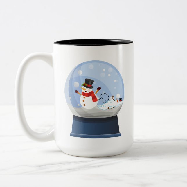 Funny Farting Snowmen Snowglobe Zweifarbige Tasse (Links)