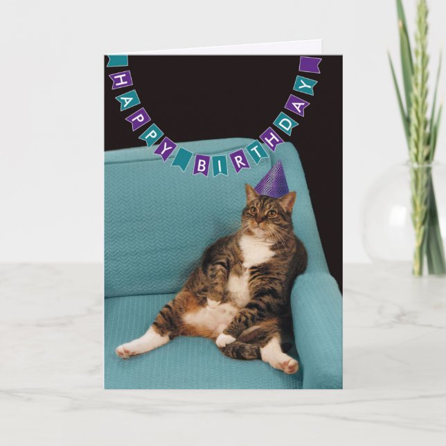 Funny Fat Cat Lila Happy Birthday Karte (Vorderseite)