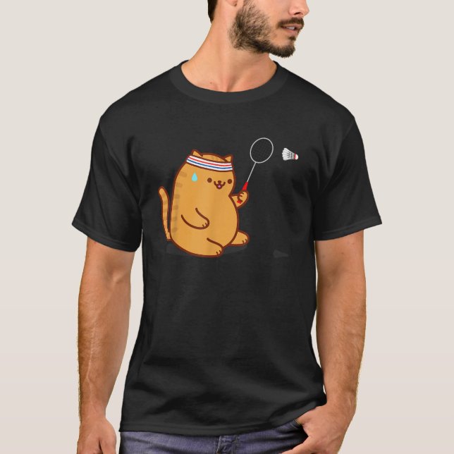 Funny Fat Cat Playing Badminton  T-Shirt (Vorderseite)
