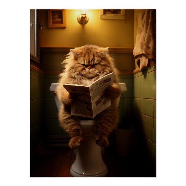 Funny Fat Cat Reading Newspapier auf der Toilette Poster (Vorderseite)