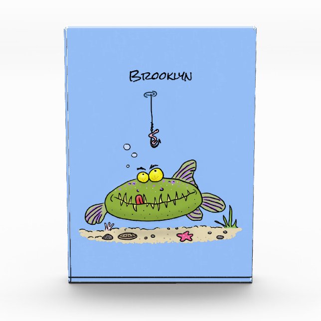 Funny fat hungry green fish fishing cartoon fotoblock (Vorderseite)