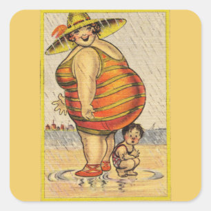 Funny Fat Lady on Beach Quadratischer Aufkleber