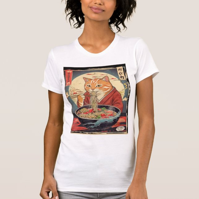  Funny Feline Eating  Ramen Japanese Ukiyo-e Style T-Shirt (Vorderseite)