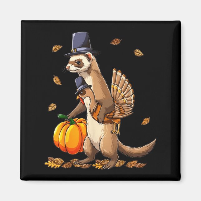 Funny Ferret Turkey Pumpkin Thanksgiving Gift Men  Magnet (Vorne)