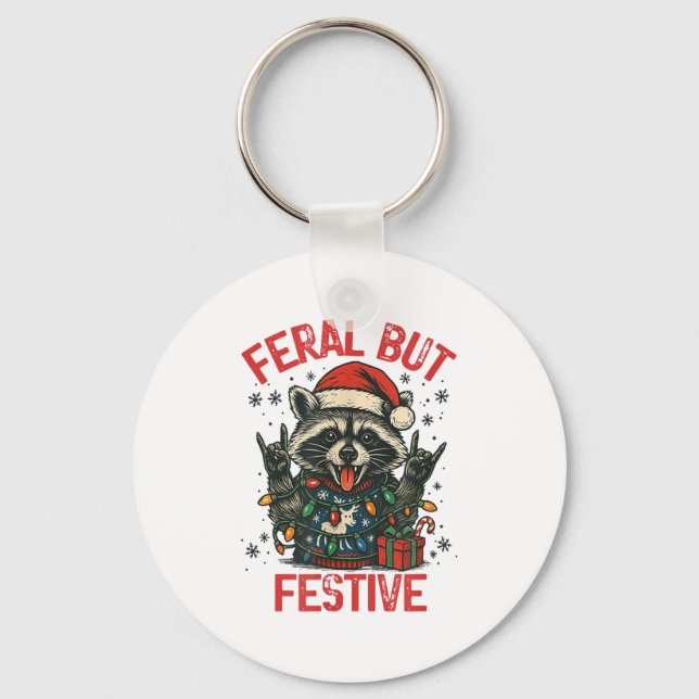 Funny Festive But Feral Santa Raccoon Lover Animal Schlüsselanhänger (Vorderseite)