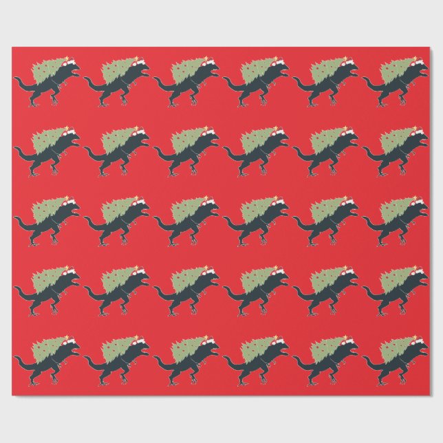 Funny Festive Dino Christmas Geschenkpapier (Flach)