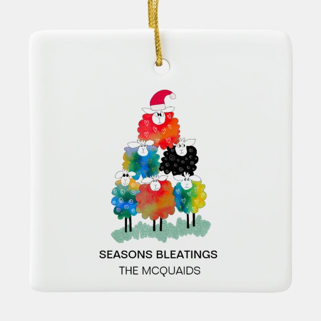 Funny & Festive Holiday Sheep Saisons Bleatings Keramikornament (Vorderseite)