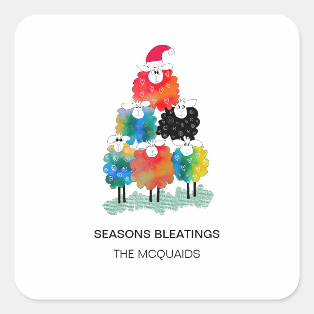 Funny & Festive Holiday Sheep Saisons Bleatings Quadratischer Aufkleber (Vorderseite)