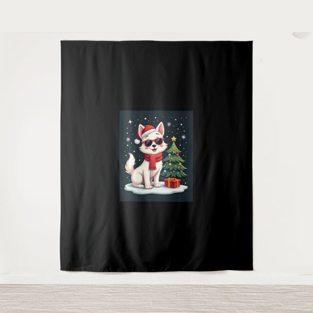 Funny Festive Sonnenbrille Hund mit Weihnachtsbaum Wandteppich (Vorderseite)