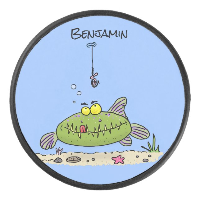 Funny Fett hungriger grüner Cartoon Eishockey Puck (Vorderseite)