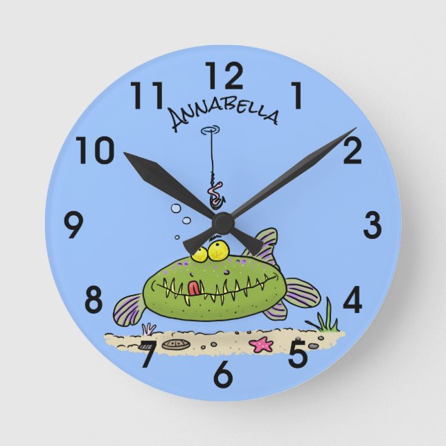 Funny Fett hungriger grüner Cartoon Runde Wanduhr (Vorderseite)