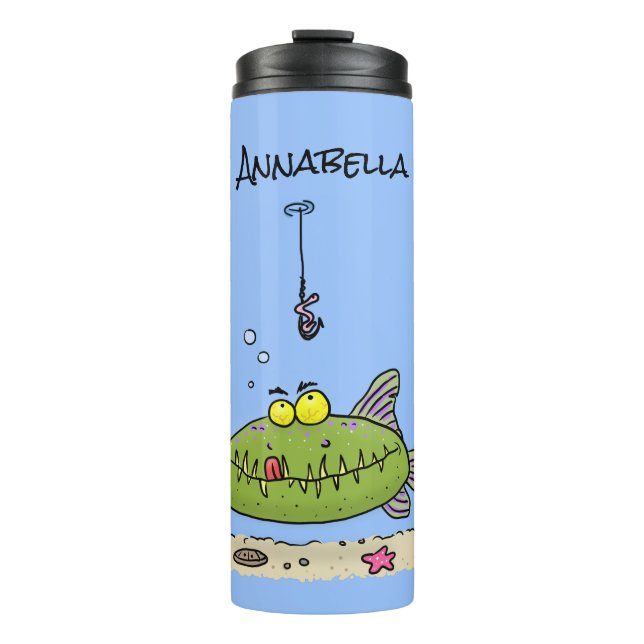 Funny Fett hungriger grüner Cartoon Thermosbecher (Vorderseite)