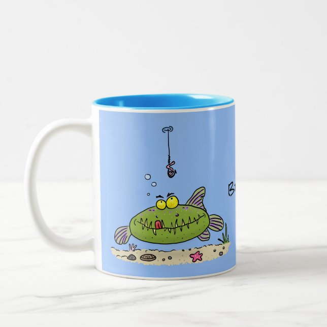 Funny Fett hungriger grüner Cartoon Zweifarbige Tasse (Links)