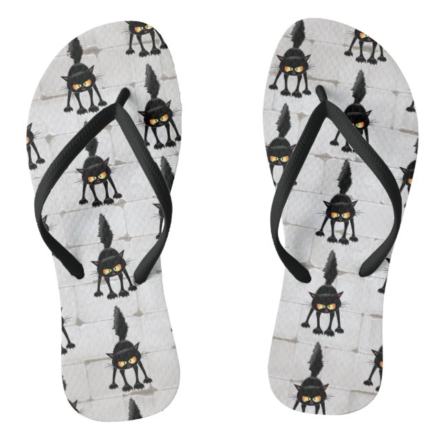 Funny Fierce Black Cat Cartoon  Flip Flops (Fußbett)