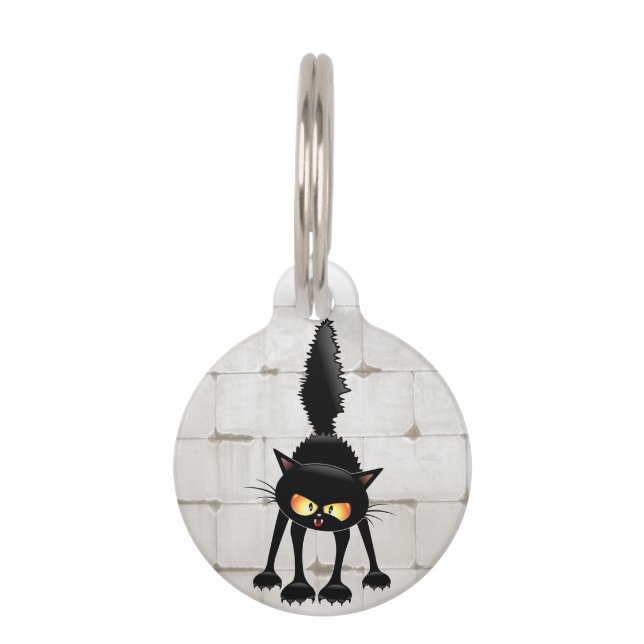 Funny Fierce Black Cat Cartoon Haustiermarke (Vorderseite)