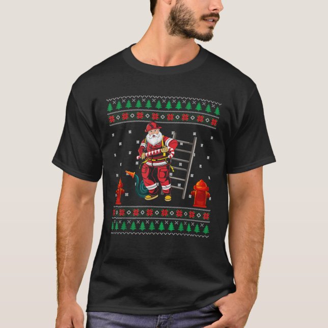 Funny Firefighter Fireman Ugly Christmas Santa Cla T-Shirt (Vorderseite)