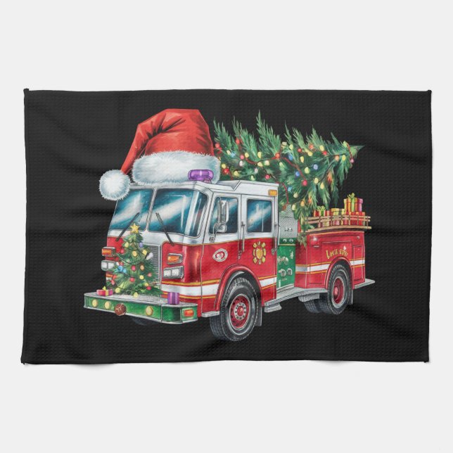 Funny Fireruck Weihnachtsmannmütze Weihnachtsbauml Geschirrtuch (Horizontal)