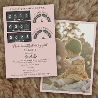 Funny First Birthday Baby Girl Cute Stats Photo Einladung