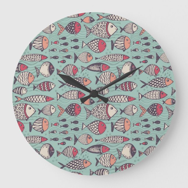 Funny Fish: handgezeichnet nahtloses Muster. Große Wanduhr (Vorderseite)