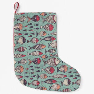 Funny Fish: handgezeichnet nahtloses Muster. Kleiner Weihnachtsstrumpf
