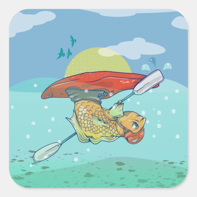 Funny fish kayaking quadratischer aufkleber (Vorderseite)