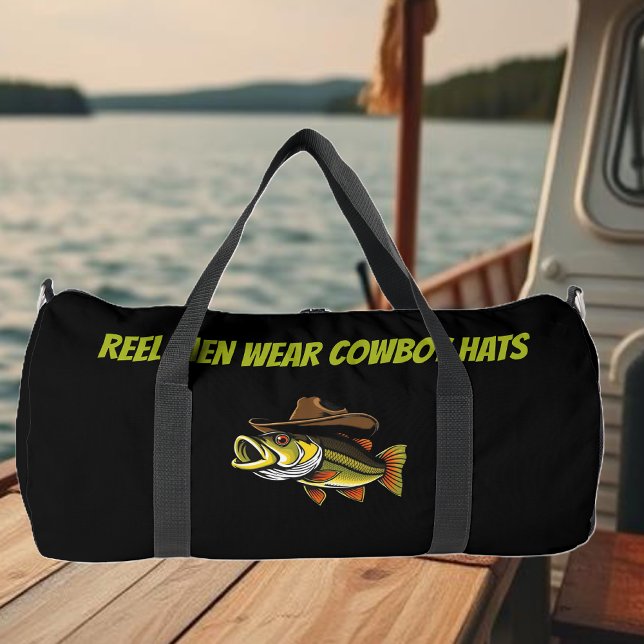 Funny Fish mit Cowboy Hat- Duffle Bag (Bass Fish with a Cowboy Hat-Funny Gift for Men-Fisherman Core-Reel Men Wear Cowboy hat Duffel Bag)