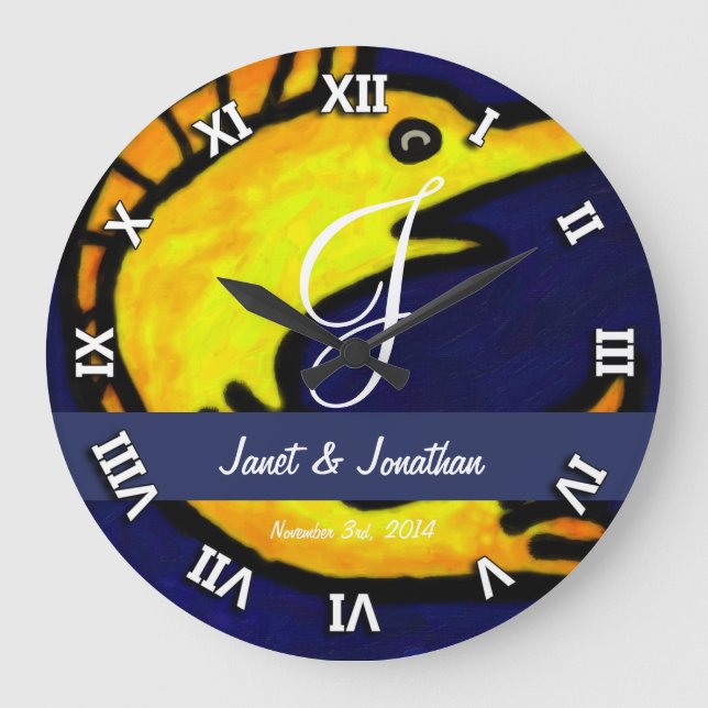 Funny Fish Monogram Große Wanduhr (Vorderseite)