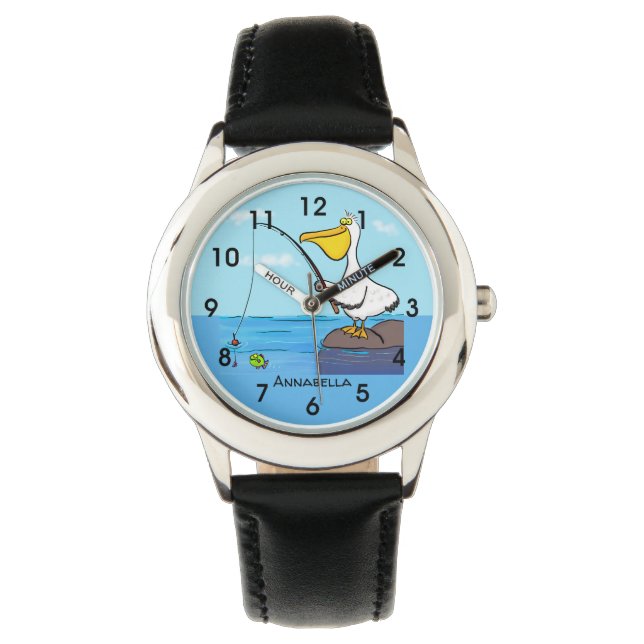 Funny Fish Pelican Cartoon Armbanduhr (Vorderseite)