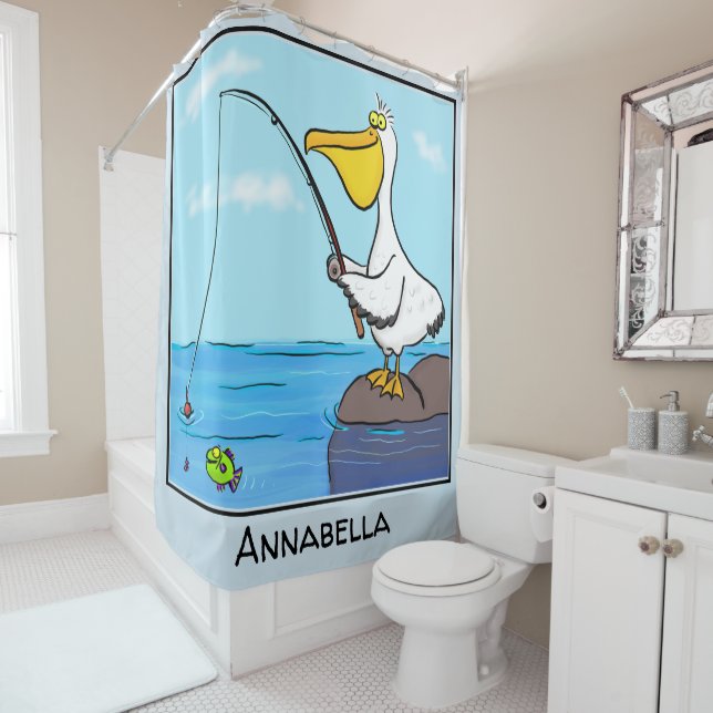 Funny Fish Pelican Cartoon Duschvorhang (Beispiel)