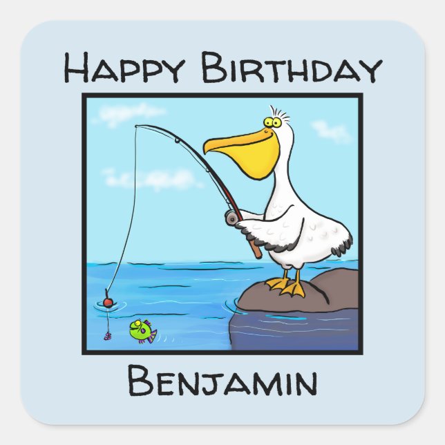 Funny Fish Pelican Cartoon Quadratischer Aufkleber (Vorderseite)